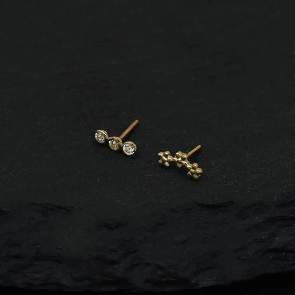 14K Solid Gold Trinity CZ Flat Back Stud Earring – Dainty Flower Sparkle for Cartilage, Helix, Tragus & Lobe Piercings.