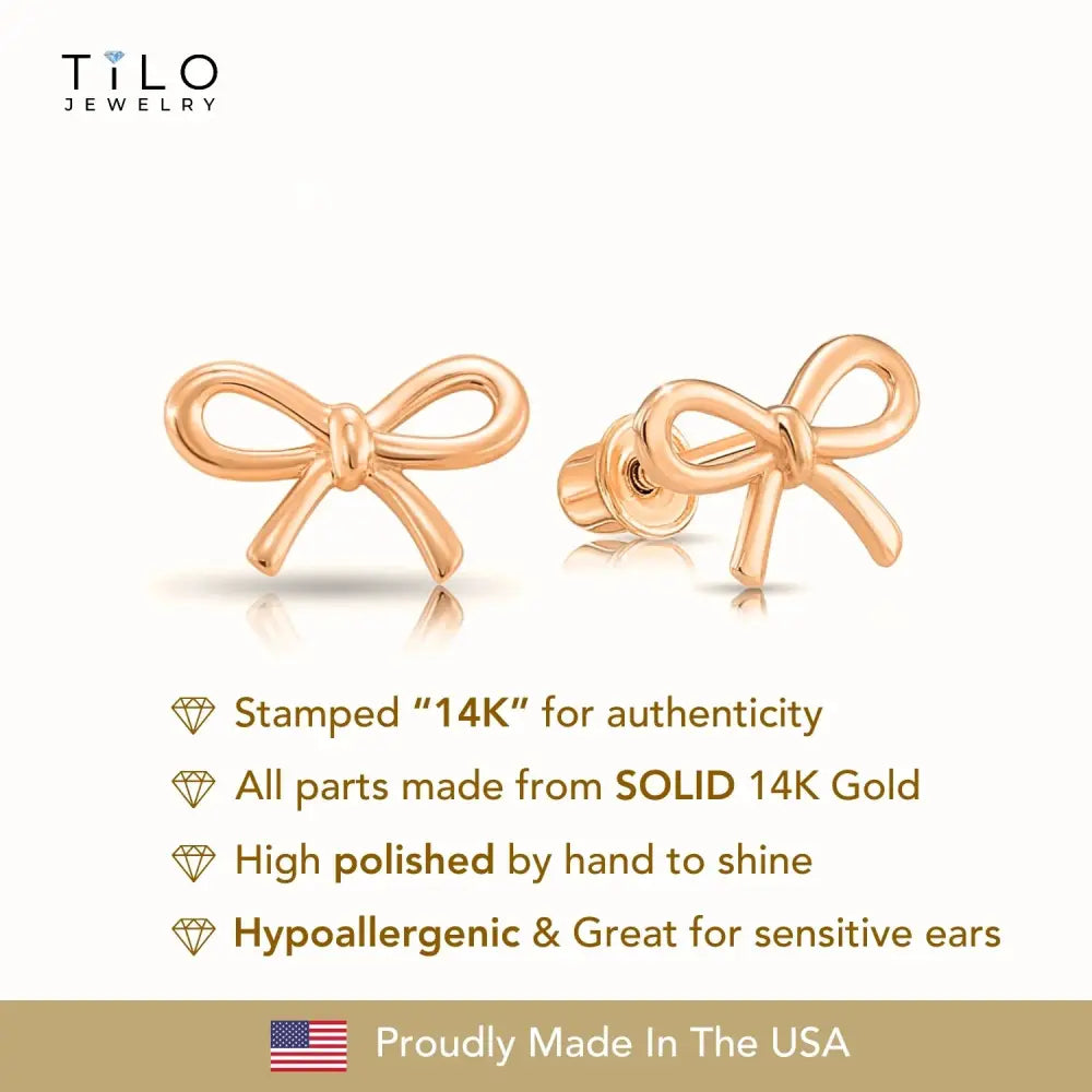 14K Solid Rose Gold Ribbon Bow Stud Earrings, with Secure Screw-Backs
