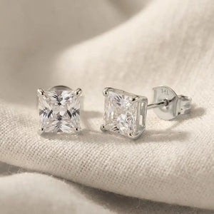 14K Solid White Gold Earrings, Square Studs with Cubic Zirconia Stones and 14K Solid Gold Butterfly Push-Backings, by TILO Jewelry