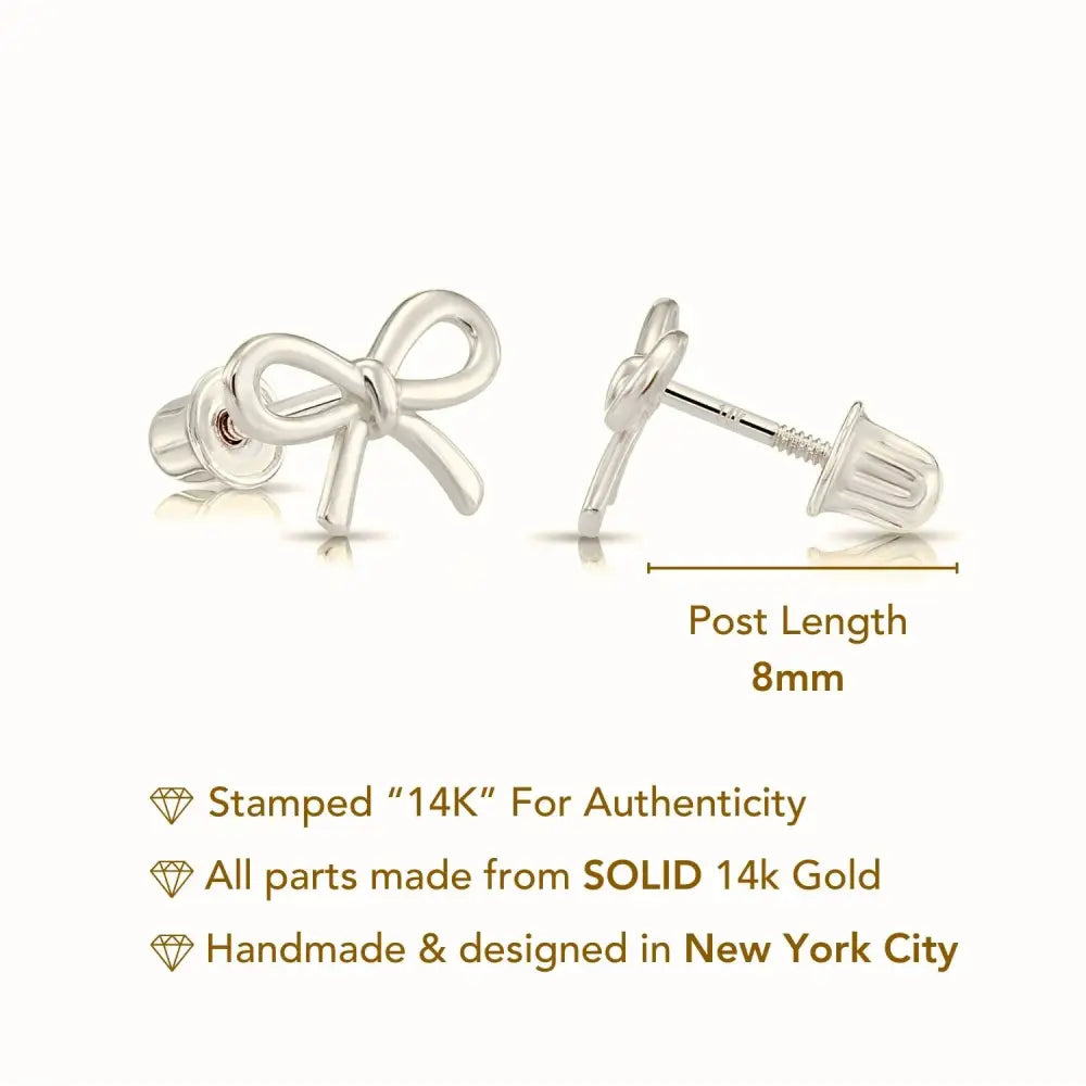 14K Solid White Gold Ribbon Bow Stud Earrings, with Secure Screw-Backs