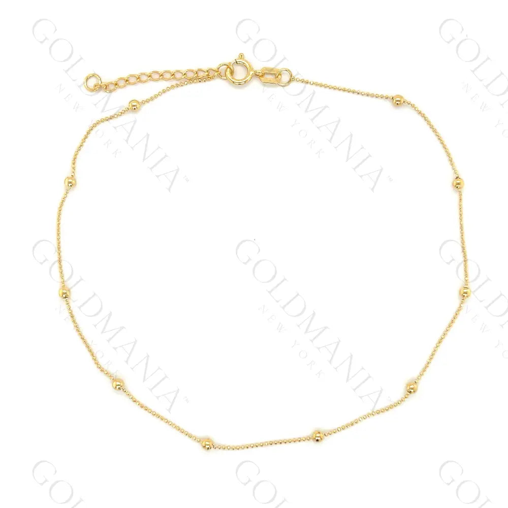 14K Solid Yellow Gold Bead Station Anklet - 10 Inch