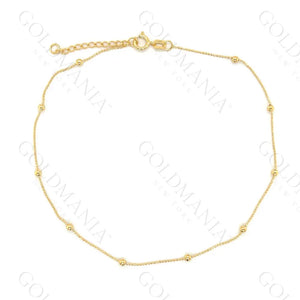 14K Solid Yellow Gold Bead Station Anklet - 10 Inch