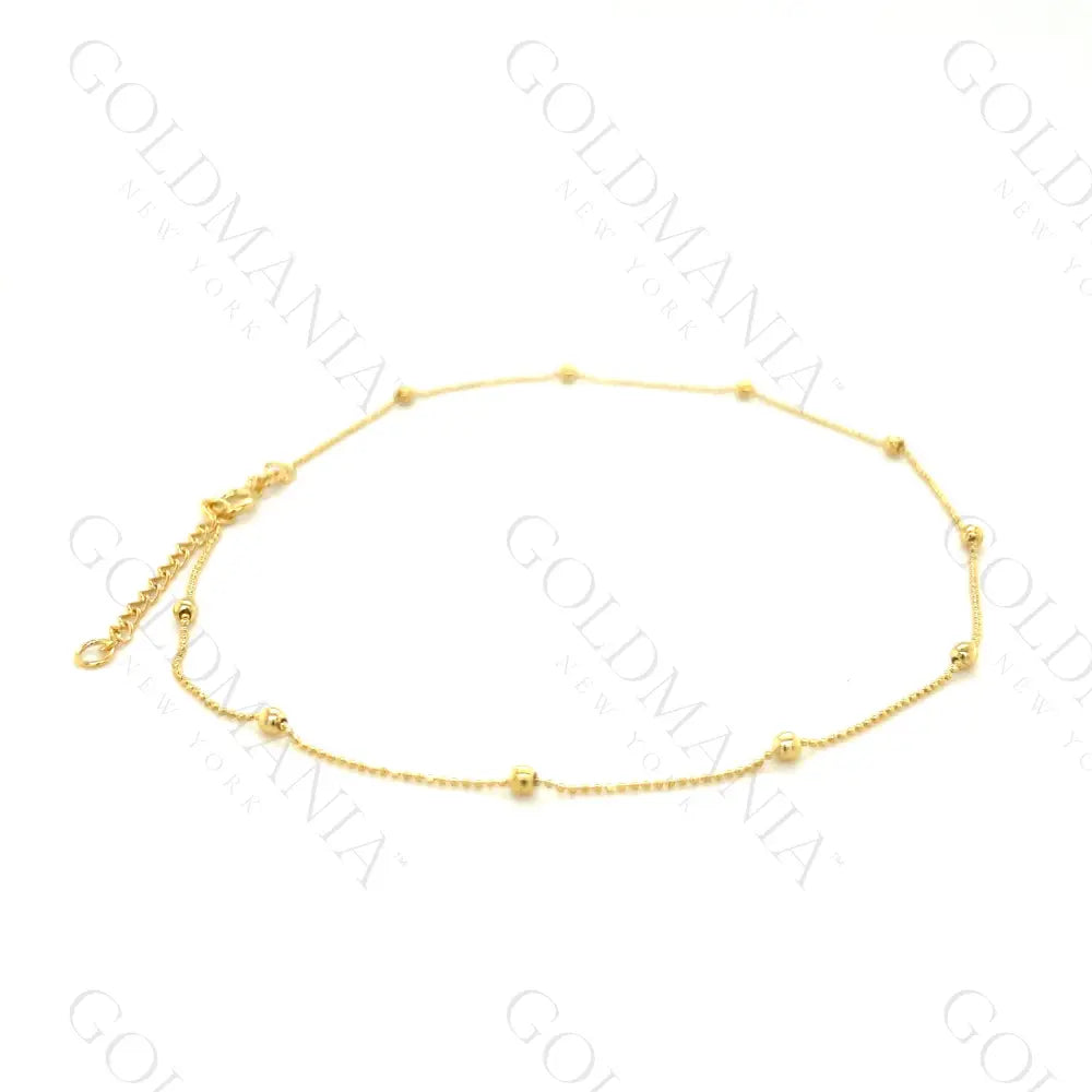 14K Solid Yellow Gold Bead Station Anklet - 10 Inch