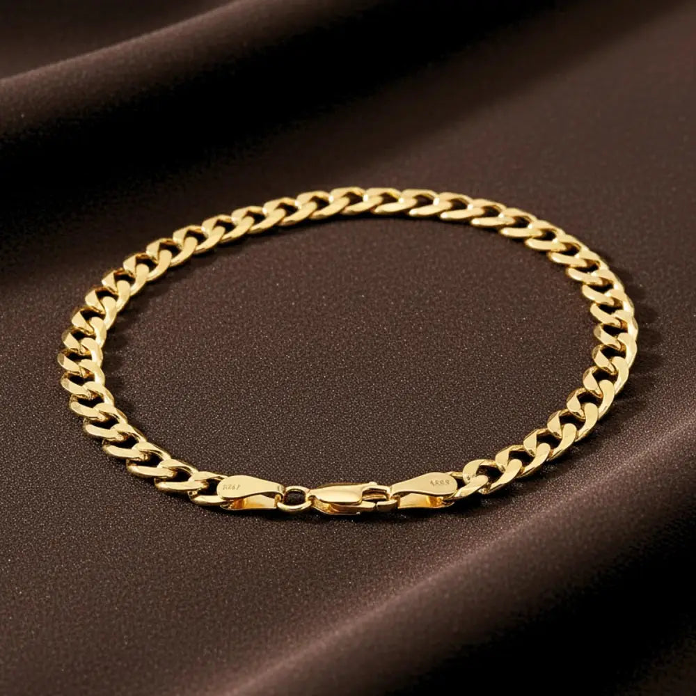 14K Solid Yellow Gold Curb Link Chain Bracelet, 7 Inches