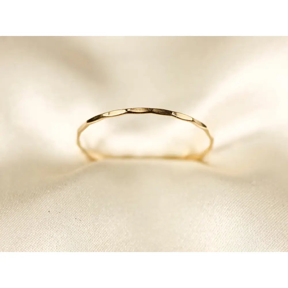14K Solid Yellow Gold Hammered Ring: Dainty Wire Band, 0.8Mm