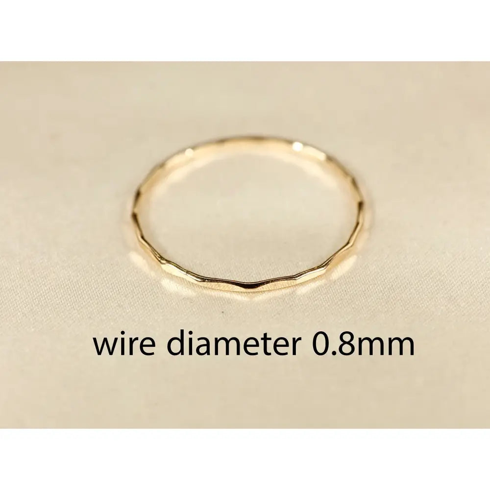 14K Solid Yellow Gold Hammered Ring: Dainty Wire Band, 0.8Mm
