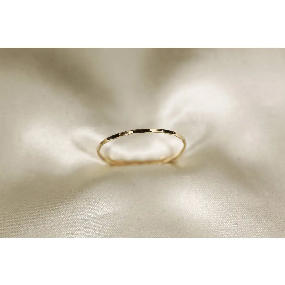 14K Solid Yellow Gold Hammered Ring: Dainty Wire Band, 0.8Mm