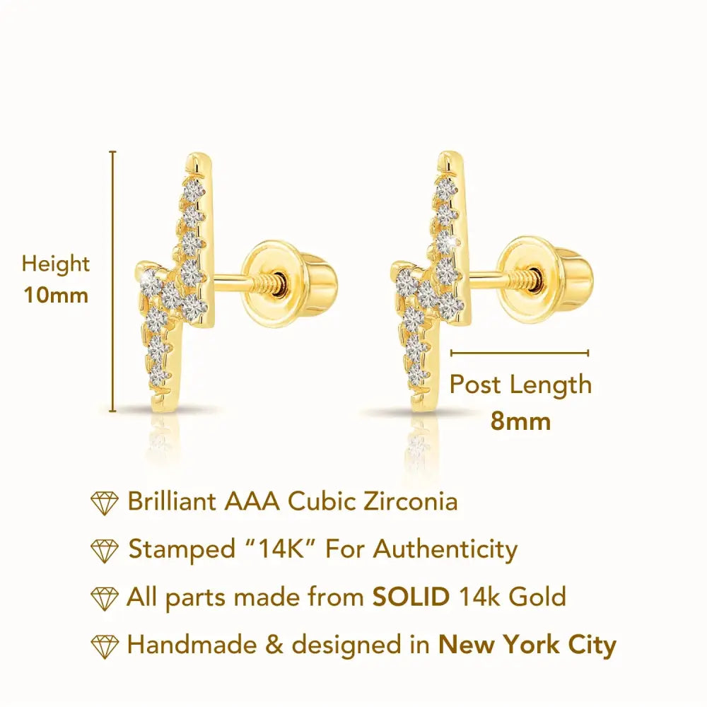 14K Solid Yellow Gold Lightning Bolt Studs, with Screw on Screwbacks