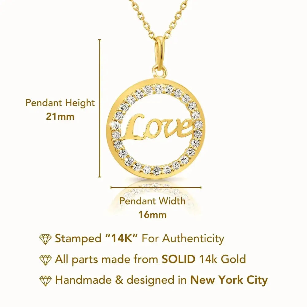 14K Solid Yellow Gold Love Script CZ Pendant Necklace with 18" Cable Chain.