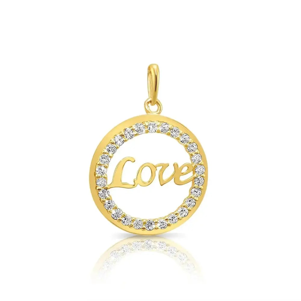 14K Solid Yellow Gold Love Script CZ Pendant Necklace with 18" Cable Chain.