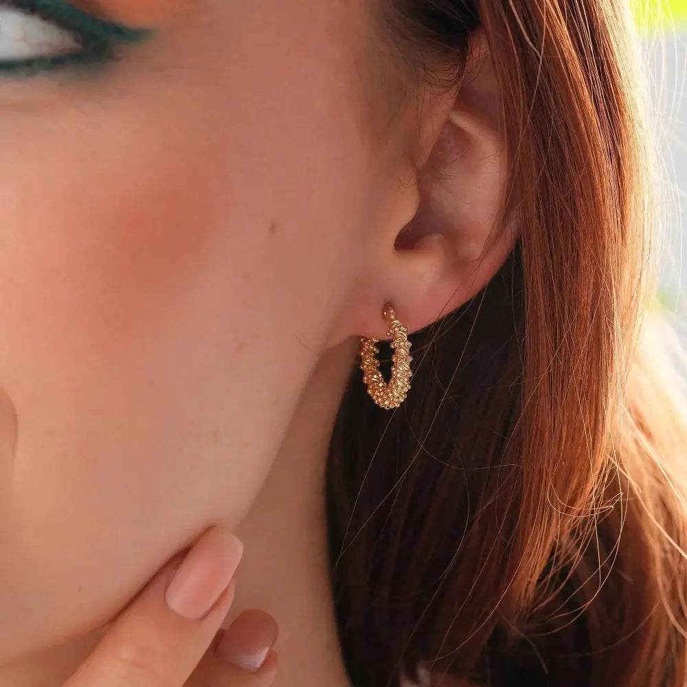 14K Solid Yellow Gold Minimalist Dainty Dorica Beaded Ball Huggie Hoop Earrings - Perfect Gift for Her!.