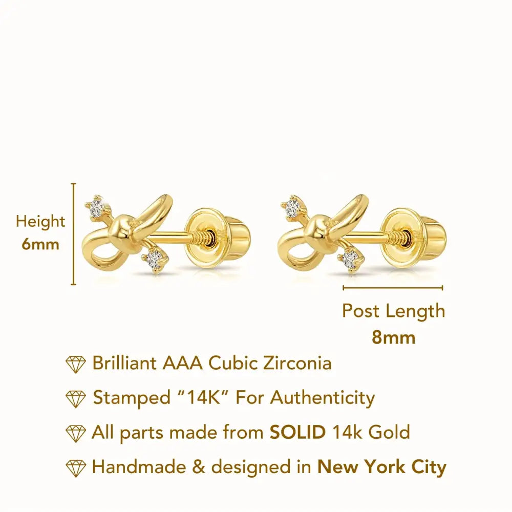 14K Solid Yellow Gold Ribbon Bow Studs, with Screw on Screwbacks