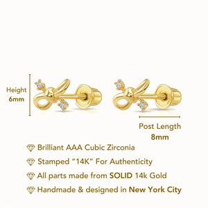 14K Solid Yellow Gold Ribbon Bow Studs, with Screw on Screwbacks