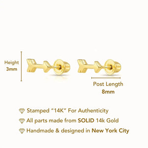 14K Solid Yellow Gold Tiny Arrow Studs, with Screw on Screwbacks