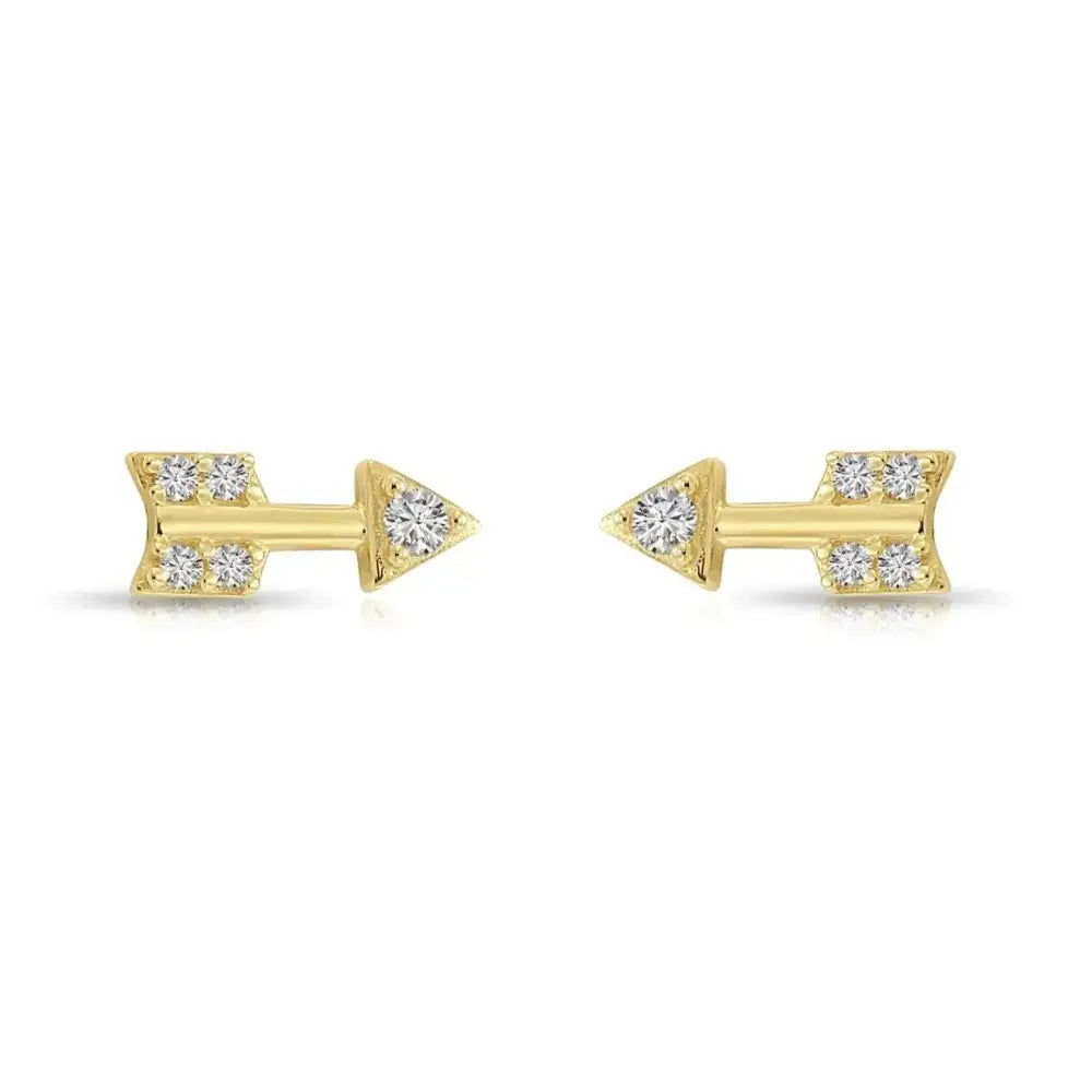 14K Solid Yellow Gold Tiny CZ Arrow Stud Earrings with Secure Screwback Closure.