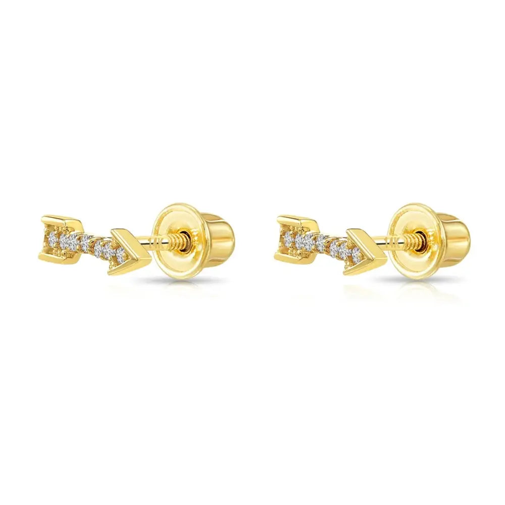 14K Solid Yellow Gold Tiny CZ Arrow Studs, with Screw on Screwbacks
