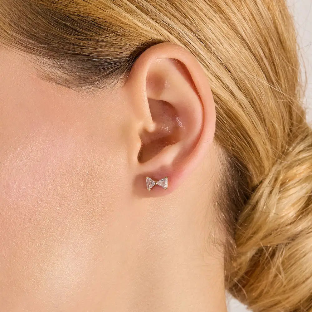 14K Solid Yellow Gold Triangle CZ Ribbon Bow Studs, Screwback