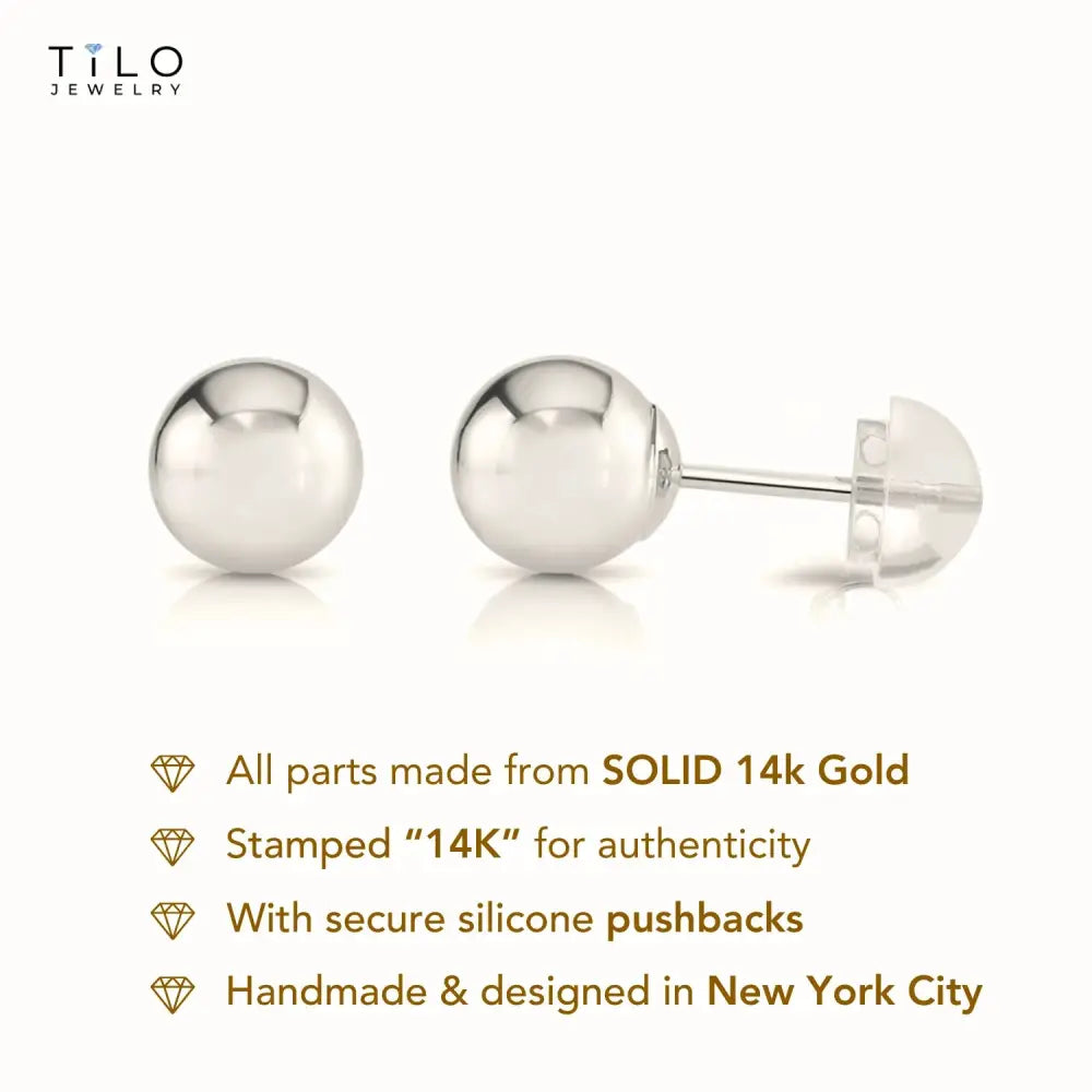 14K White Gold Ball Stud Earrings with Silicone Gold Pushbacks