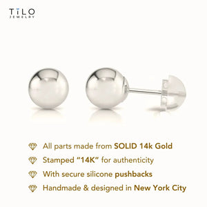 14K White Gold Ball Stud Earrings with Silicone Gold Pushbacks