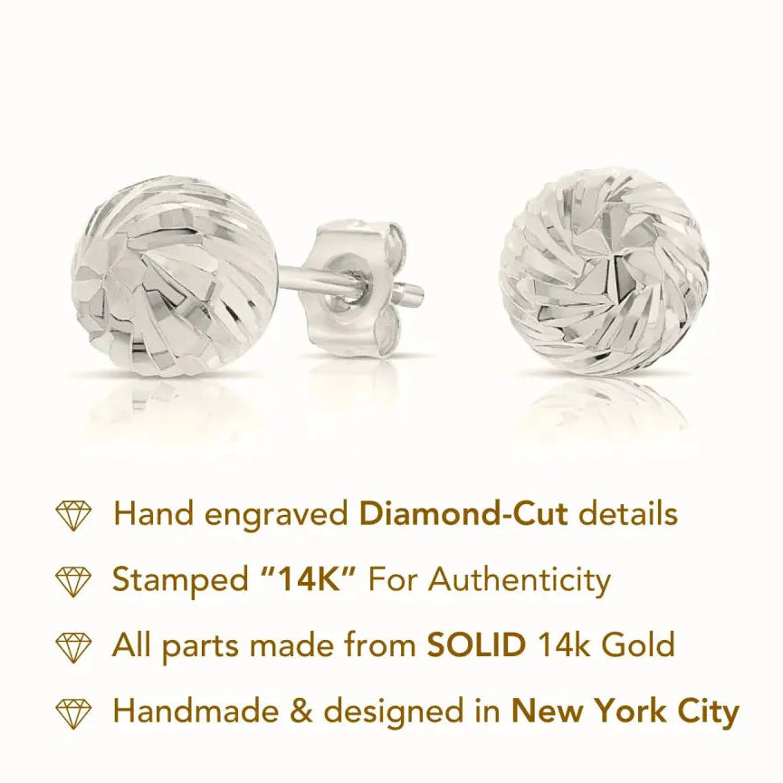 14K White Gold Ball Studs with Hand Engraved Spiral Design