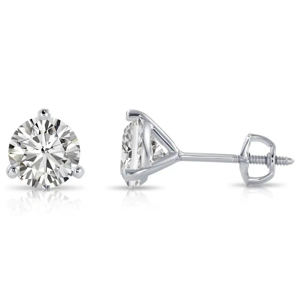 14K White Gold Brilliant-Cut Lab Diamond Studs, Classic Martini 3-Prong Setting, Screwback