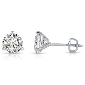 14K White Gold Brilliant-Cut Lab Diamond Studs, Classic Martini 3-Prong Setting, Screwback