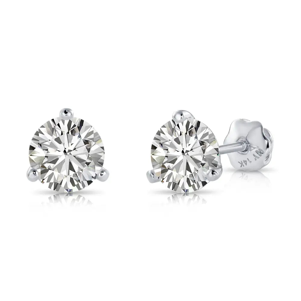 14K White Gold Brilliant-Cut Lab Diamond Studs, Classic Martini 3-Prong Setting, Screwback