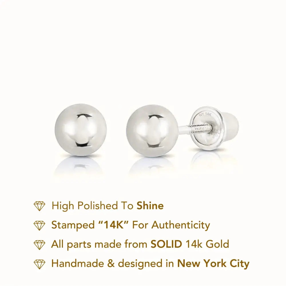 14K White Gold Classic Ball Stud Earrings with Screwbacks