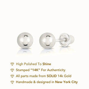 14K White Gold Classic Ball Stud Earrings with Screwbacks