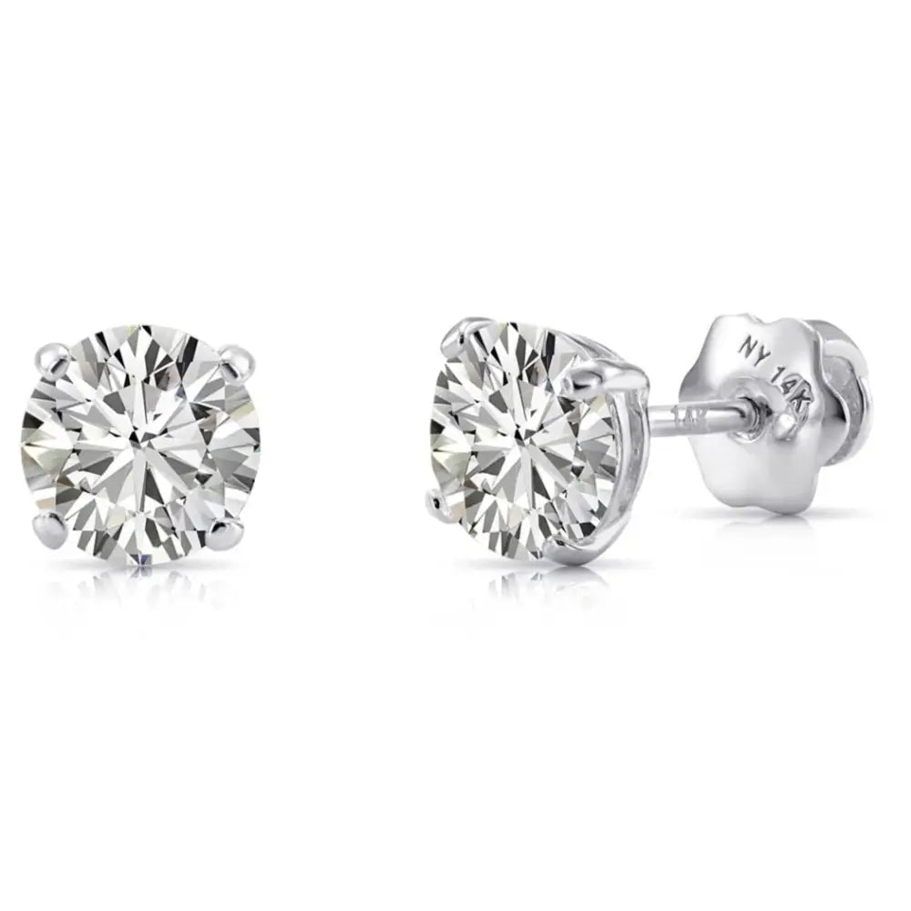 14K White Gold Classic Solitaire Simulated Diamond Studs, Screwback
