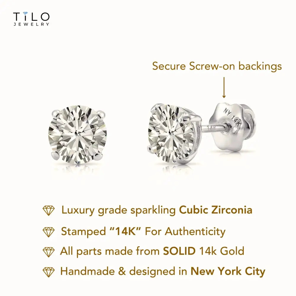 14K White Gold Classic Solitaire Simulated Diamond Studs, Screwback