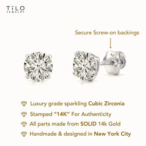 14K White Gold Classic Solitaire Simulated Diamond Studs, Screwback