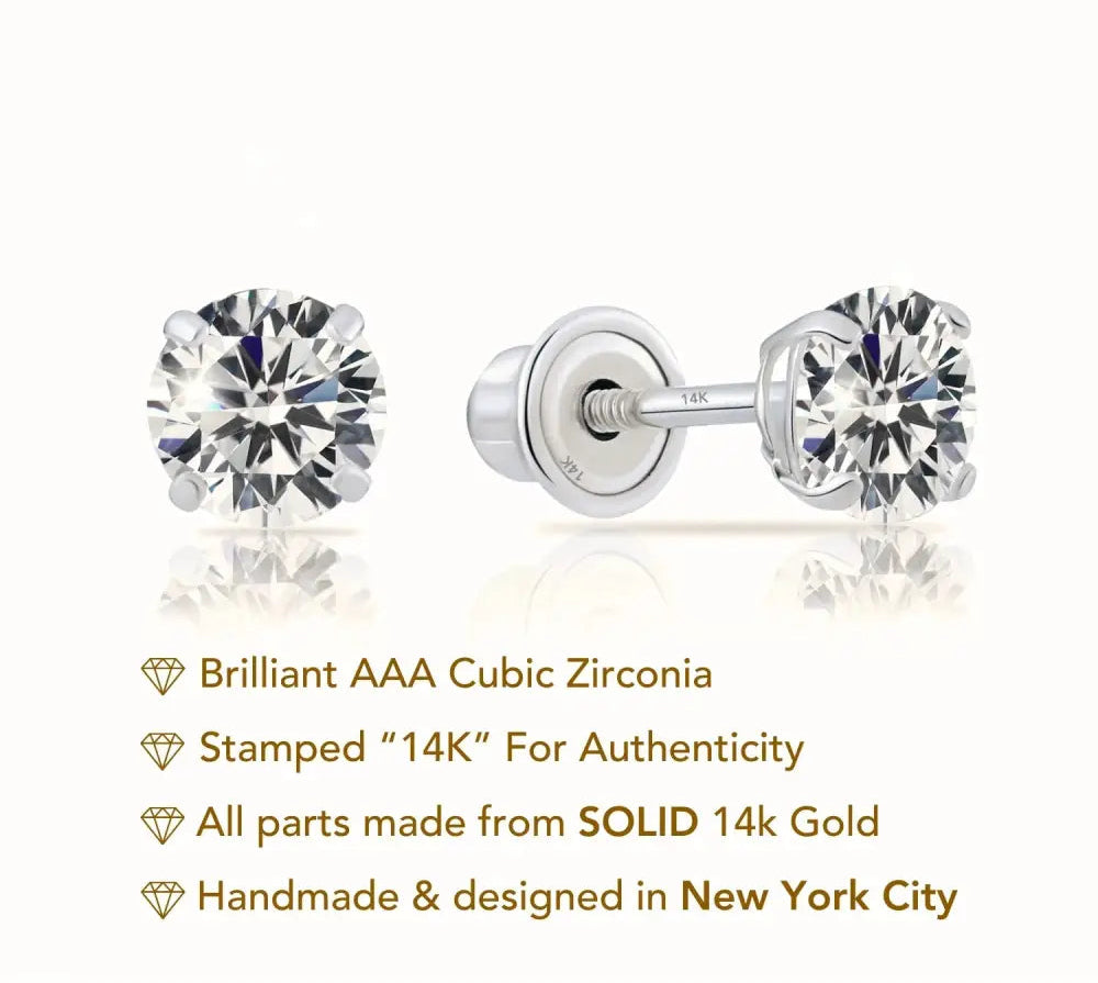 14K White Gold Classic Solitaire Stud Earrings, Screwback
