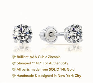 14K White Gold Classic Solitaire Stud Earrings, Screwback
