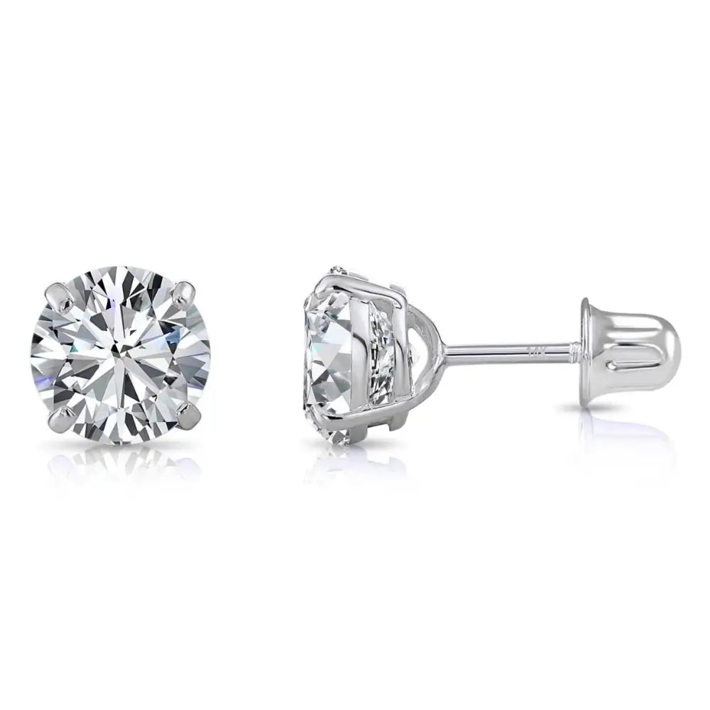 14K White Gold Classic Solitaire Stud Earrings, Screwback