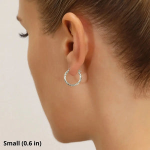 14K White Gold Classy Diamond-Cut Hoop Earrings, Hand Engraved Special Quality Hoops, Made in the USA, by TILO Jewelry