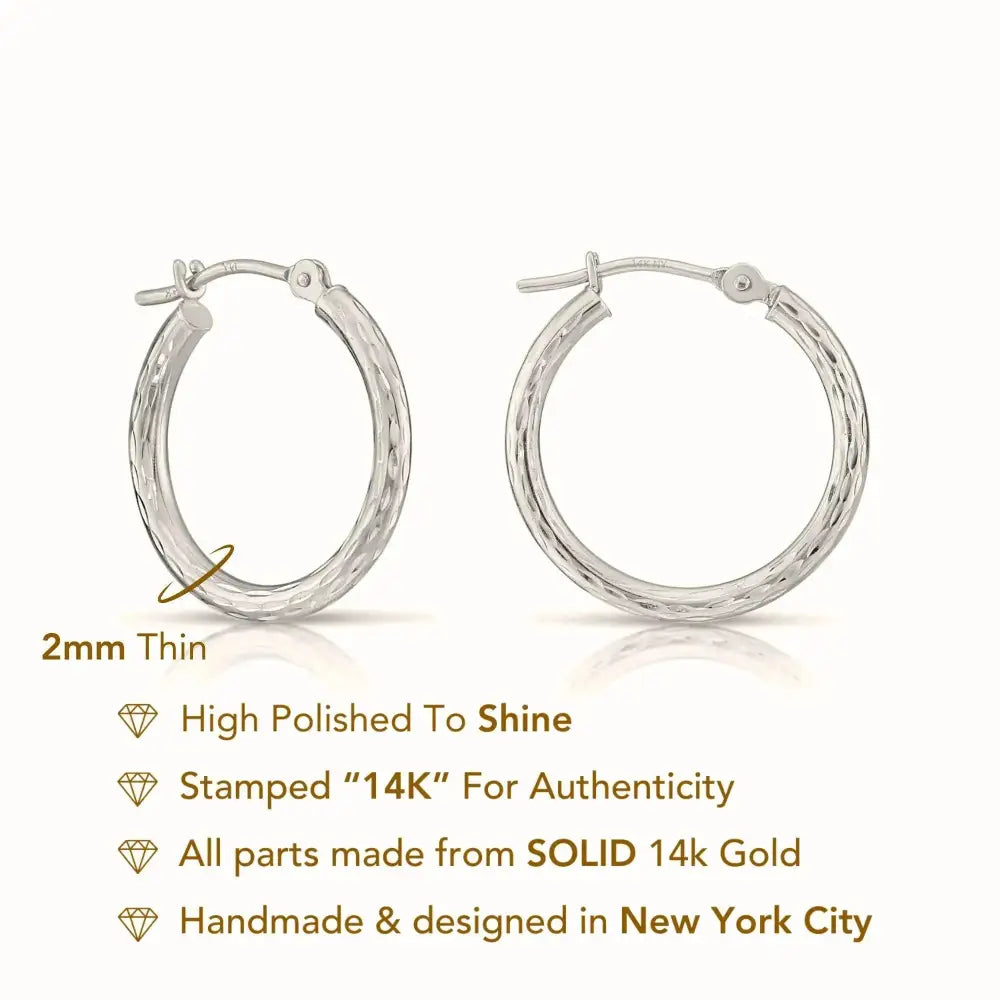 14K White Gold Classy Diamond-Cut Hoop Earrings, Hand Engraved Special Quality Hoops, Made in the USA, by TILO Jewelry
