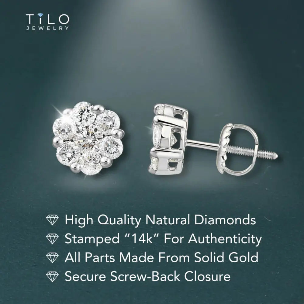 14K White Gold Diamond Cluster Stud Earring with Screw-Back, 0.75 Carats