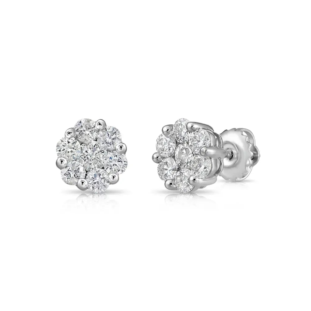 14K White Gold Diamond Cluster Stud Earring with Screw-Back, 0.75 Carats