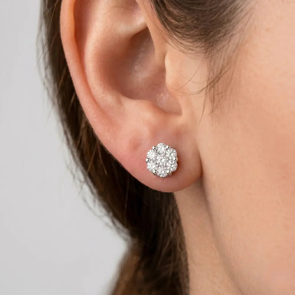 14K White Gold Diamond Cluster Stud Earring with Screw-Back, 1.00 Carats