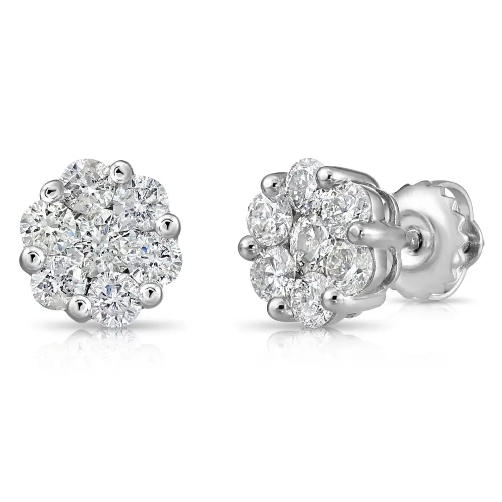14K White Gold Diamond Cluster Stud Earring with Screw-Back, 1.00 Carats