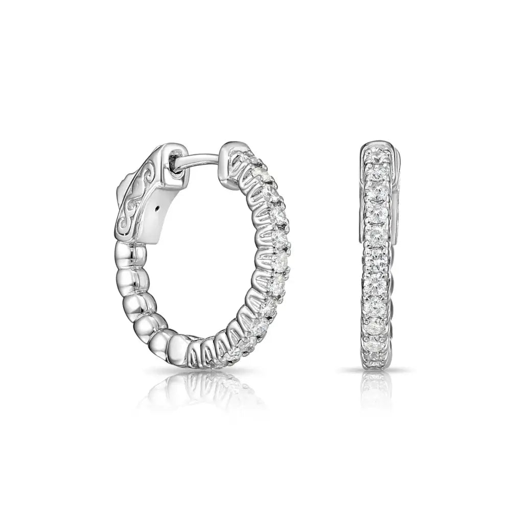14K White Gold Diamond Half Eternity Huggie Hoop Earrings - 0.57 Carat Total Weight