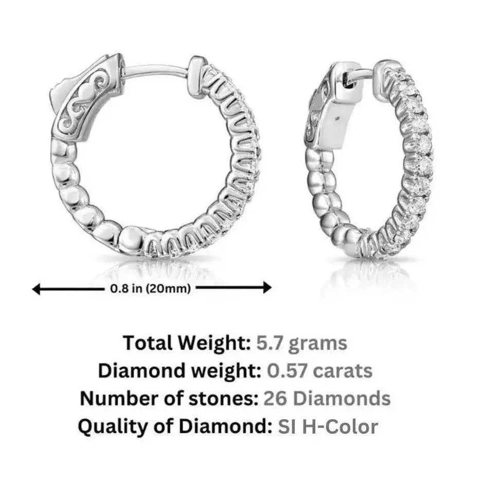 14K White Gold Diamond Half Eternity Huggie Hoop Earrings - 0.57 Carat Total Weight