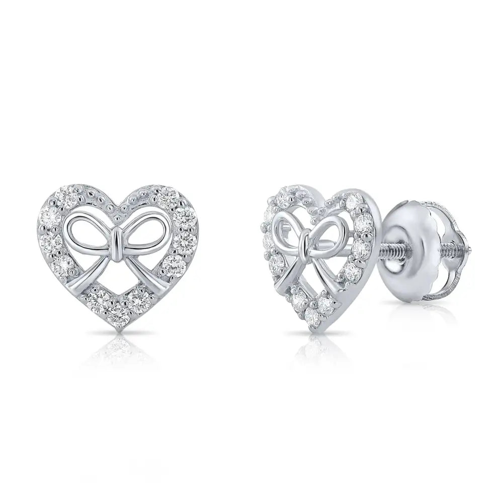 14K White Gold Heart & Ribbon Lab Diamond Studs, 0.20Ctw, Screwback
