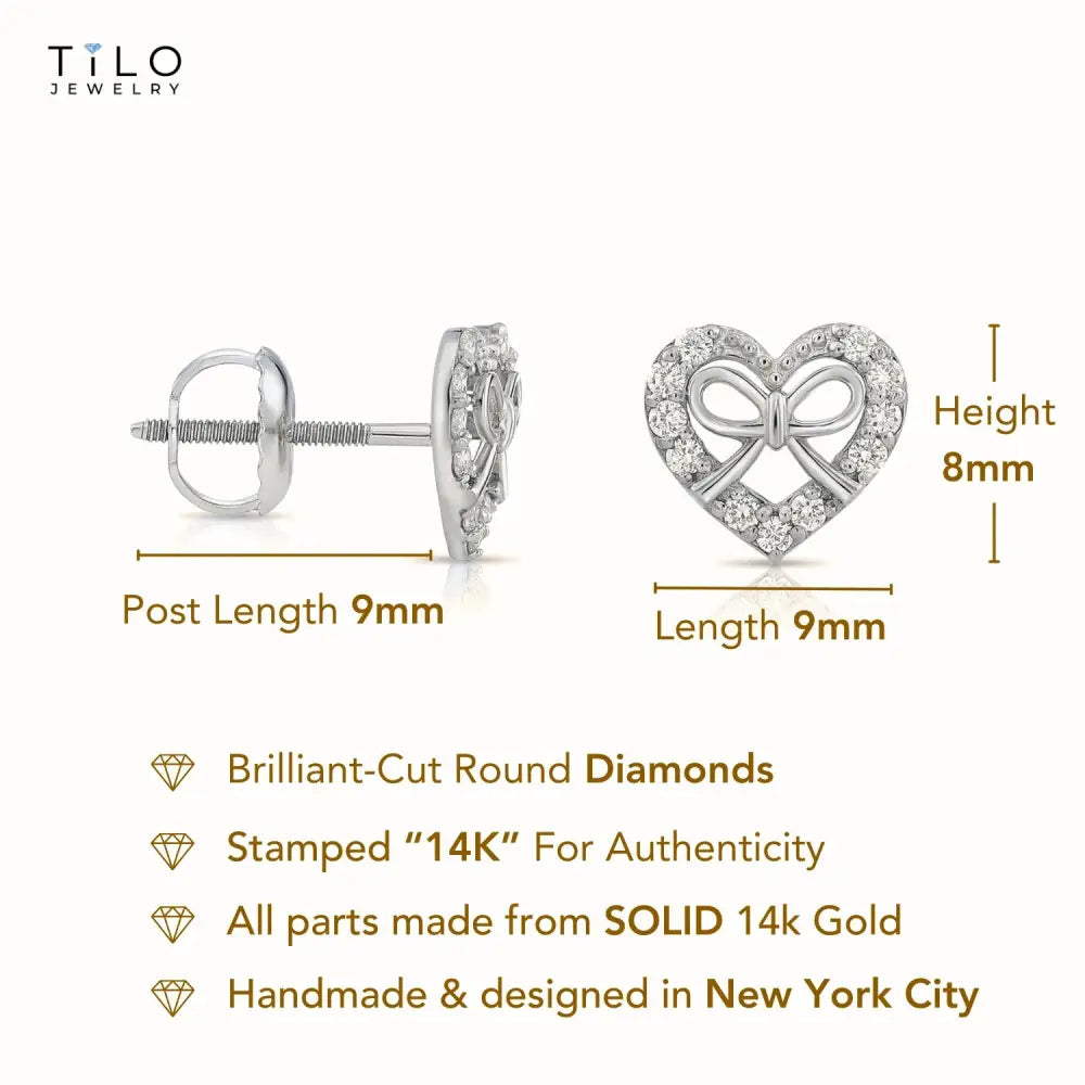 14K White Gold Heart & Ribbon Lab Diamond Studs, 0.20Ctw, Screwback