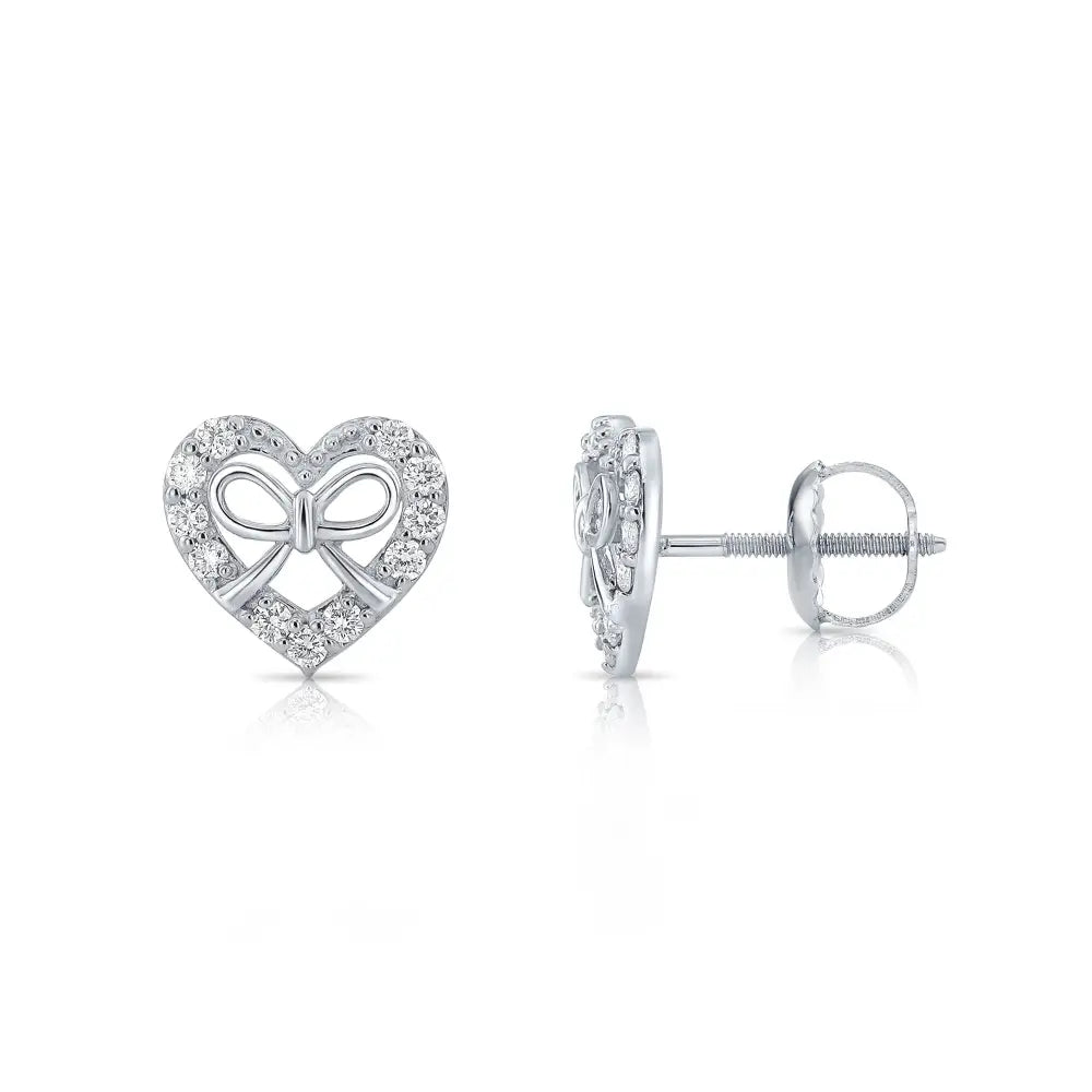 14K White Gold Heart & Ribbon Lab Diamond Studs, 0.20Ctw, Screwback
