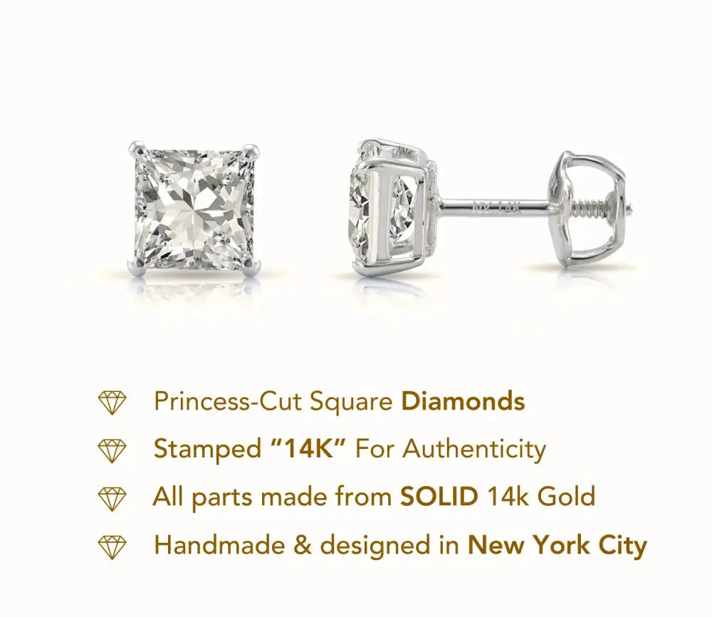14K White Gold Lab Diamond Princess-Cut Stud Earrings, Screwback
