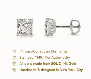 14K White Gold Lab Diamond Princess-Cut Stud Earrings, Screwback