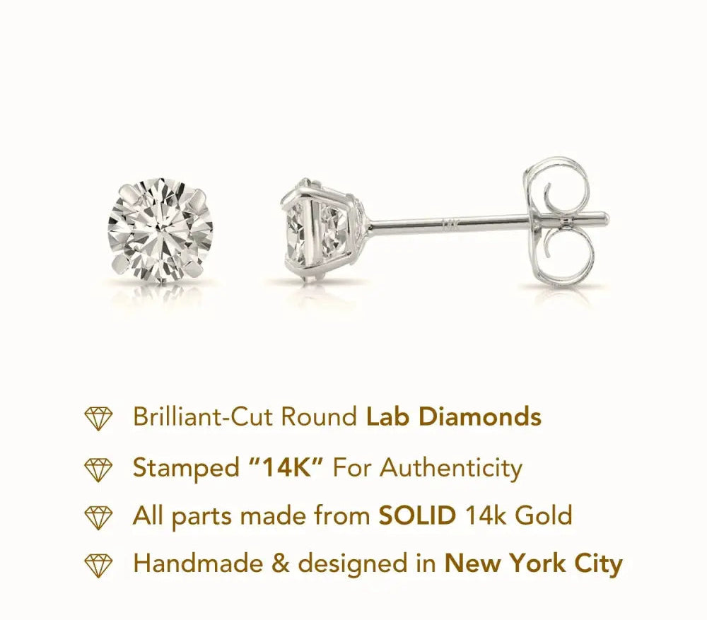 14K White Gold Lab Diamond Stud Earrings, CVD Brilliant Solitaire round Diamond Studs, Pushback