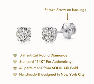 14K White Gold round Brilliant-Cut Lab Diamond Stud Earrings, Screwback
